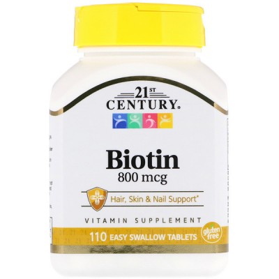 Биотин, 21st Century Health Care, 800 мкг, 110 таблеток, , CEN-22881, 21st Century, Витамины для кожи, волос и ногтей