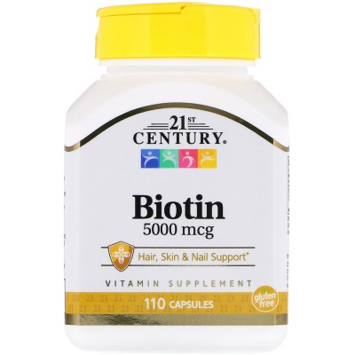 Биотин для укрепления ногтей и волос, Biotin, 21st Century, 5000 мкг, 110 капсул, , CEN-27116, 21st Century, Витамины для кожи, волос и ногтей