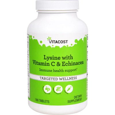 Лизин с витамином С и эхинацеей, Vitacost, Lysine with Vitamin C & Echinacea, 180 таблеток, , 844197016433, Vitacost, Лизин Lysine
