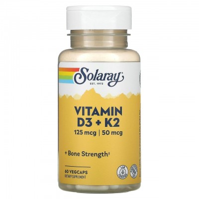 Витамин Д3 и К2, Vitamin D-3 & K-2, Solaray, 60 капсул, , SOR-38584, Solaray, Витамин D3 + К2
