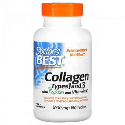 Коллаген 1 и 3 типа для кожи и суставов с пептаном и витамином С, Doctor's Best, 1000 мг, 180 таблеток, , DRB-00204, Doctor's Best, Коллаген
