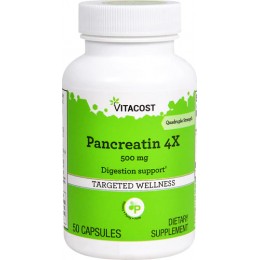 Панкреатин 4X, Vitacost, Pancreatin 4X, 500 мг, 50 капсул, скидка
